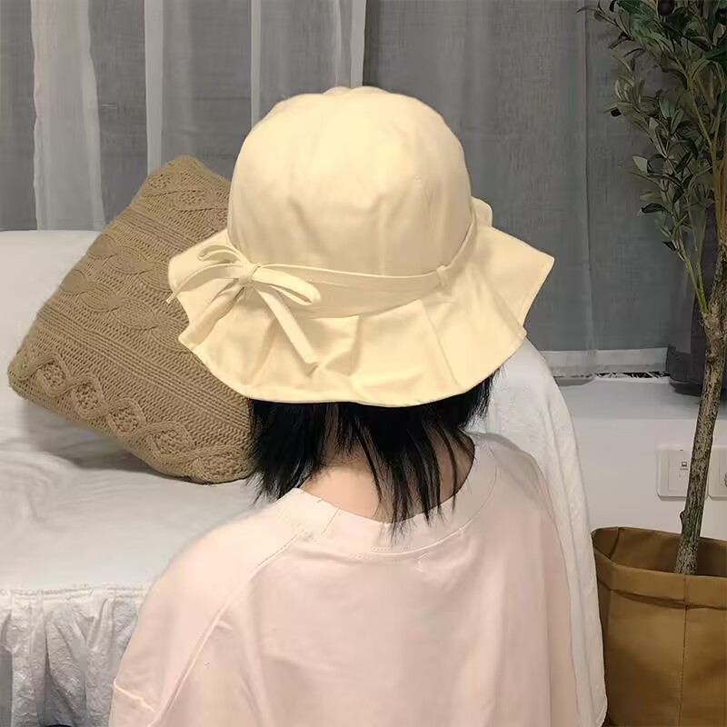 帽子女夏季防晒韩版学生渔夫帽荷叶边遮阳帽日系甜美蝴蝶结盆帽潮