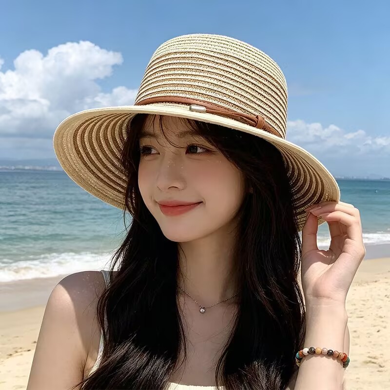 法式复古平顶草帽女夏季海边度假沙滩遮阳帽子草编防晒帽太阳帽