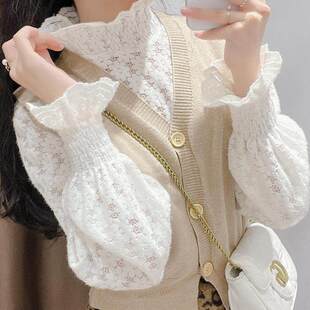 磨毛蕾丝打底衫女加绒加厚秋冬洋气喇叭袖毛衣内搭白色高领蕾丝衫