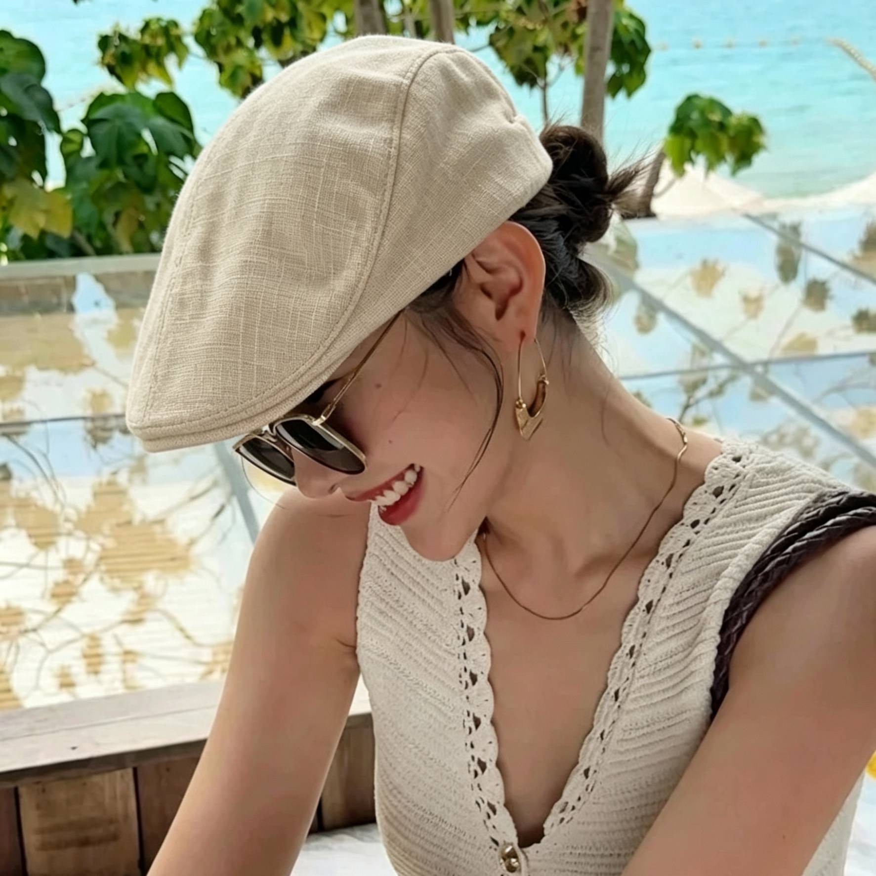 亚麻鸭舌前进帽女士轻薄春夏复古贝雷帽文艺画家帽英伦报童帽子男