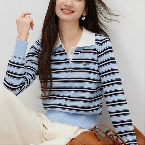 秋冬新款polo领撞色条纹大码针织衫女长袖收腰毛衣上衣胖mm