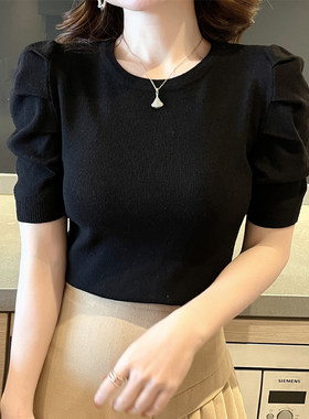 黑色针织短袖t恤女夏季新款上衣