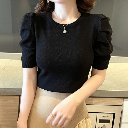 黑色针织短袖t恤女夏季新款上衣