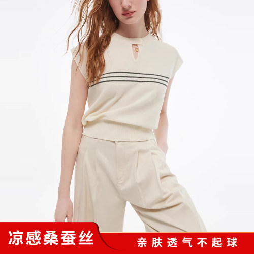 桑蚕丝凉感高级米白色无袖针织衫2026夏季大码显瘦气质T恤上衣