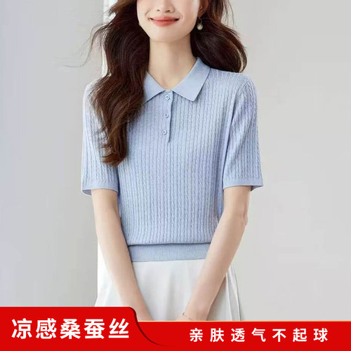 莱赛尔天丝百搭POLO蓝色大码短袖针织衫2026夏季新款显瘦T恤上衣