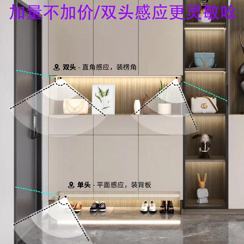 220伏插电人体感应灯条走廊镜前床底免开槽明装线性自粘长条灯带