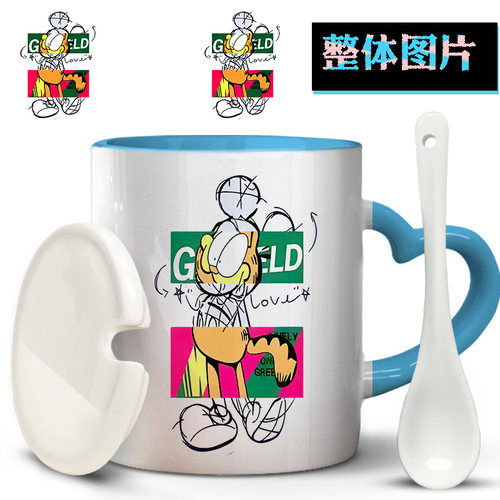 加菲猫卡通米老鼠生日礼物定制logo带盖勺印图咖啡马克杯陶瓷水杯