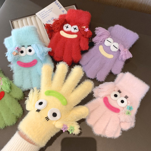 可爱丑萌毛绒针织五指手套