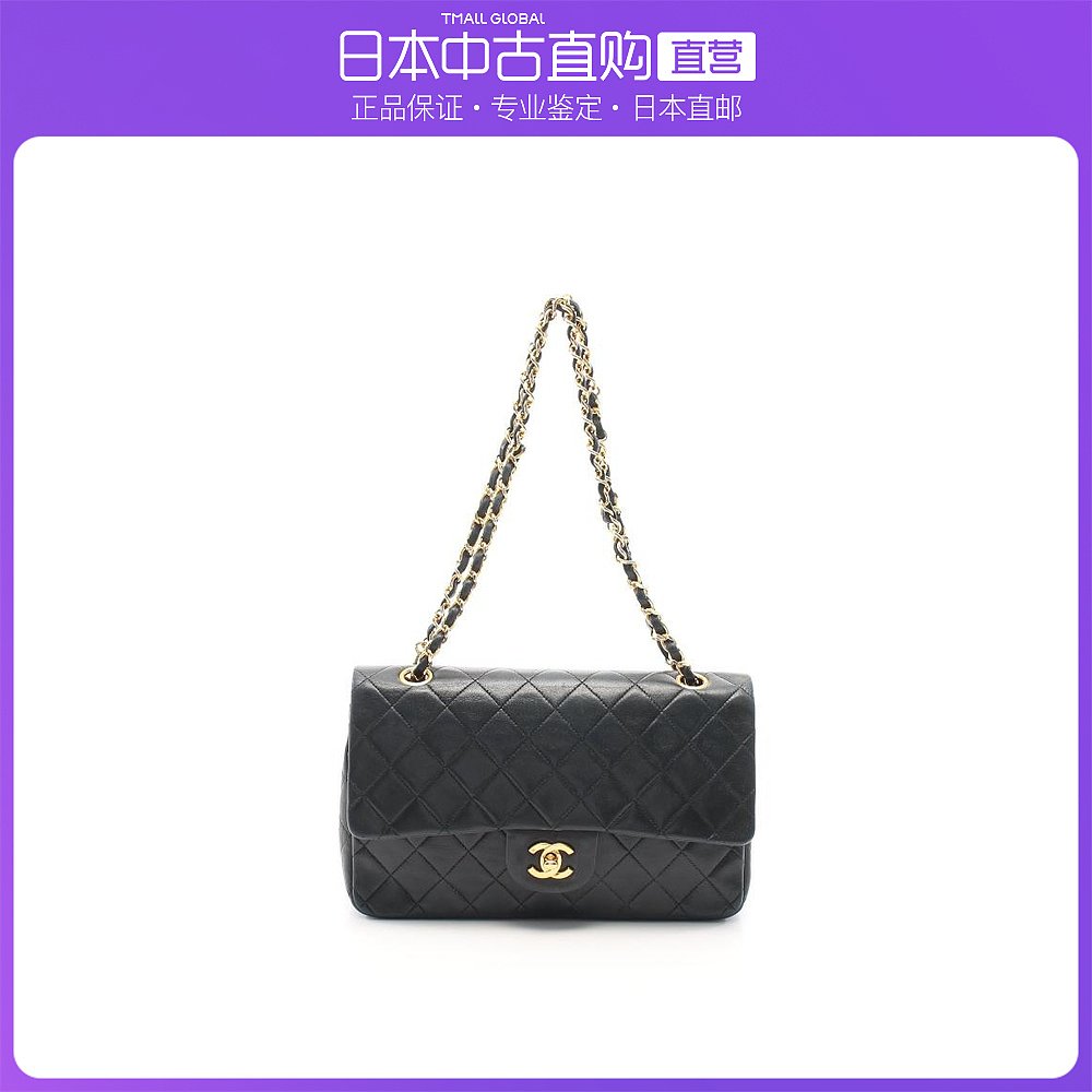 日本直邮中古CHANEL香奈儿[B]9.0新菱格纹双翻盖双链条肩包小羊皮