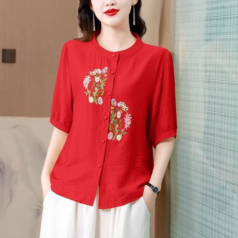衬衫夏装薄款新中式冰丝妈妈绣花