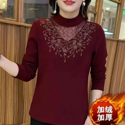 秋冬妈妈装洋气德绒镂空打底衫女