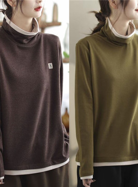 2025年新款高领设计双面德绒打底衫女秋冬妈妈装显瘦减龄内搭T恤