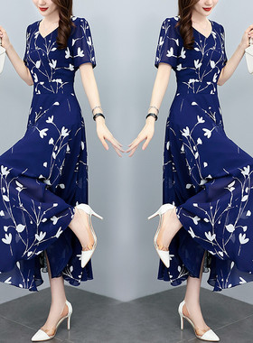 短袖冰丝连衣裙长裙女夏新款V领印花收腰显瘦大摆波西米亚沙滩裙