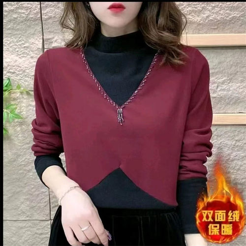 假两件拼接德绒保暖打底衫女秋冬