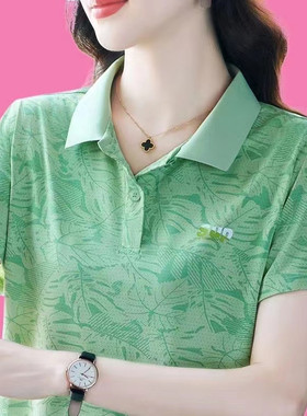 妈妈夏装薄款户外跑步翻领POLO衫女上衣宽松显瘦冰丝速干运动体恤