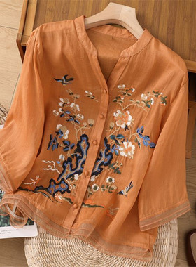 2025年新款春夏季时尚中袖国风刺绣棉麻衬衫女中老年妈妈洋气上衣