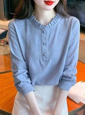 法式立领长袖纯棉衬衫女妈妈夏装时尚减龄衬衣2025年新款百搭上衣
