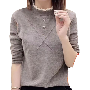 中年妈妈秋冬装新款加厚德绒内搭打底衫女花边半高领显瘦长袖上衣