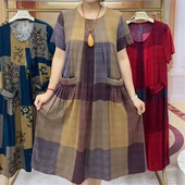 中长款 方格连衣裙40岁50中老年女装 时尚 妈妈夏装 圆领短袖 大摆裙子