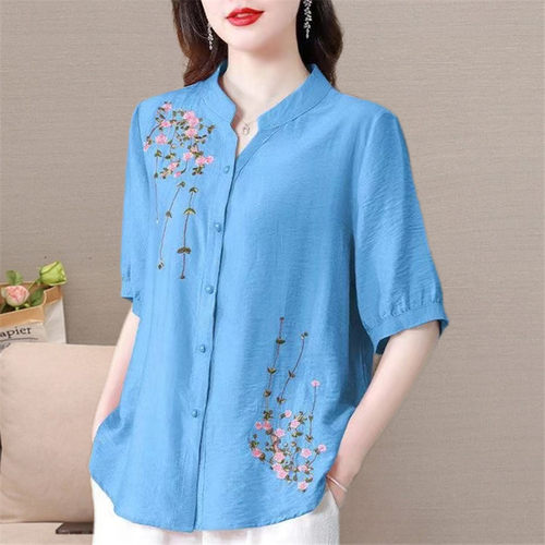 棉麻宽松短袖绣花衬衫妈妈装夏装