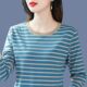宽松减龄上衣妈妈装 圆领灰兰条纹长袖 打底衫 新款 t恤女2024年秋季