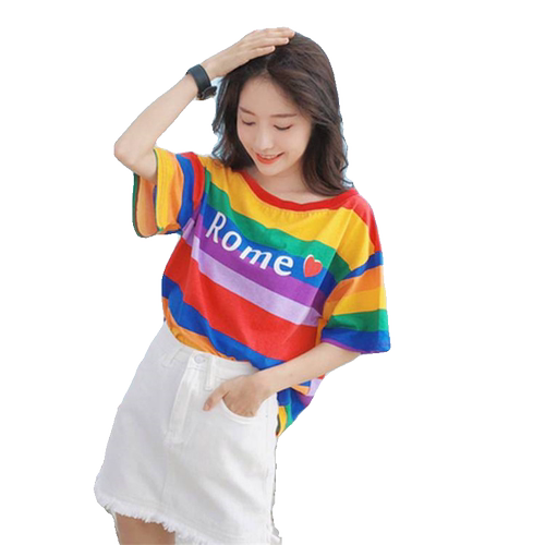 彩虹条纹短袖t恤女2024夏季新款妈妈装宽松休闲半袖体恤百搭上衣