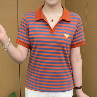 復(fù)古條紋POLO領(lǐng)洋氣上衣寬松減齡遮肚短袖 t恤 新款 中老年媽媽夏裝