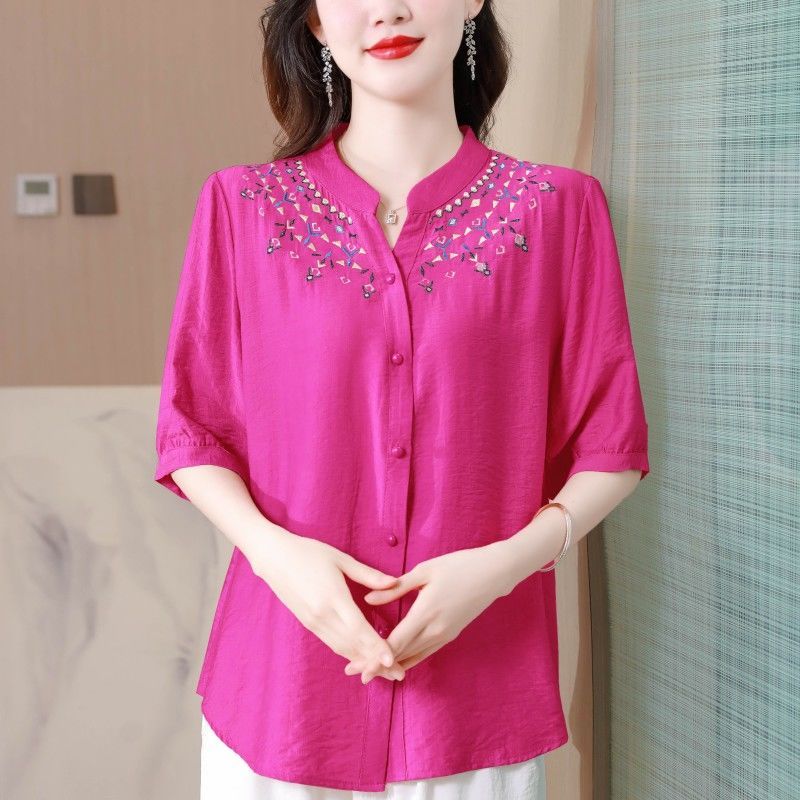 夏季新款宽松绣花衬衫棉麻妈妈装