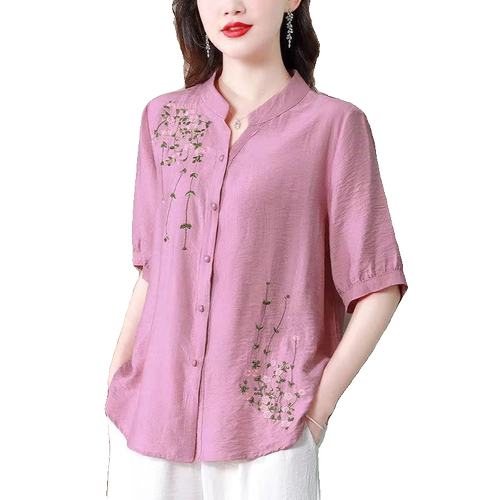 中年妈妈春夏装新款绣花棉麻衬衫女时尚V领小衫宽松遮肚短袖上衣