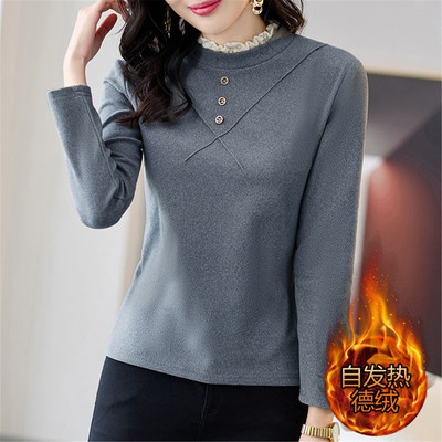 蕾丝花边双面德绒打底衫女士秋冬