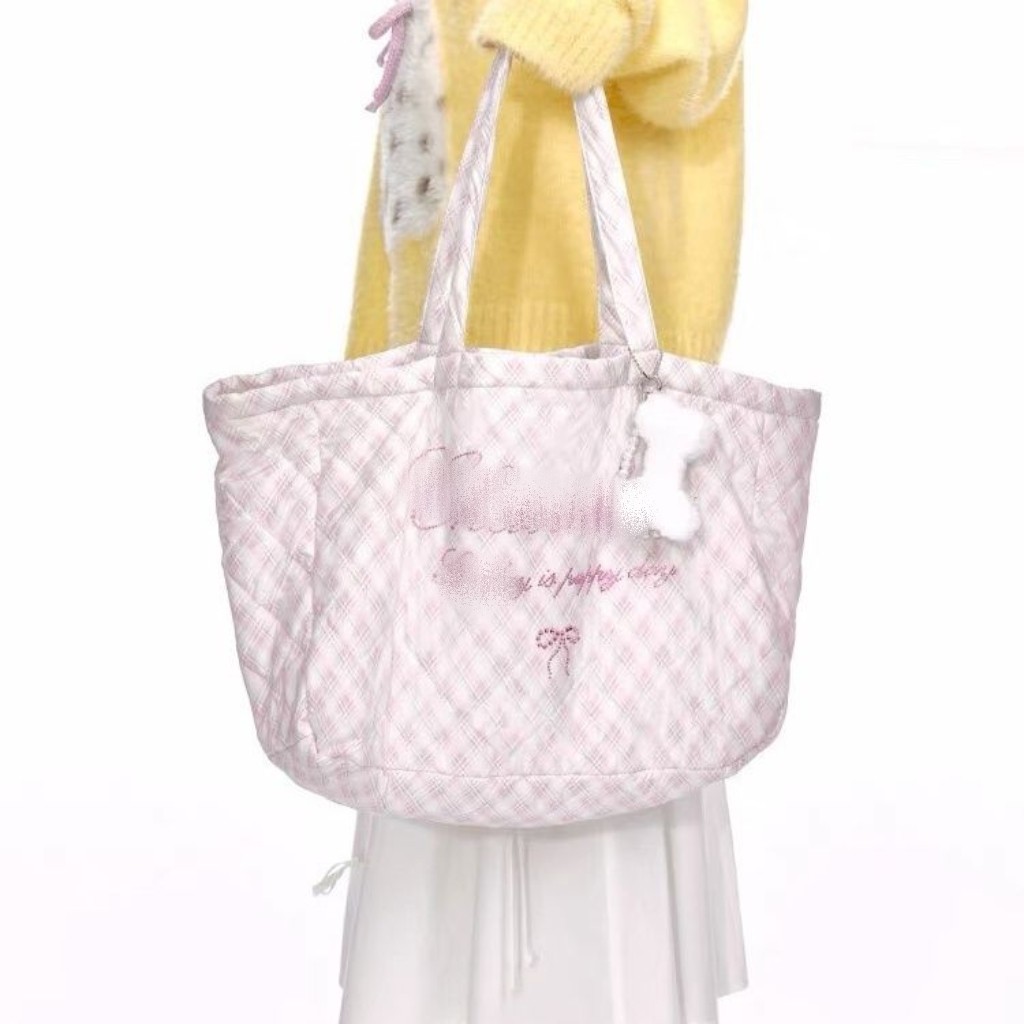 2025新款秋冬季菱形格纹粉色烫钻格纹印花大容量单肩包手提包,箱包皮具/热销女包/男包,单肩包,淘宝优惠券,粉丝福利购,淘宝优惠卷