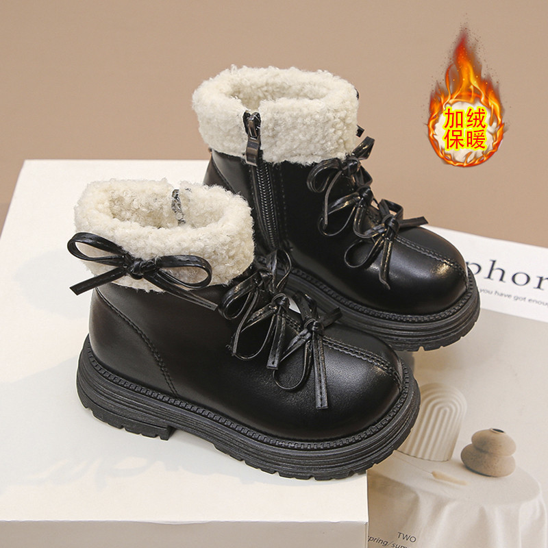 女童加绒保暖防滑蝴蝶结雪地靴
