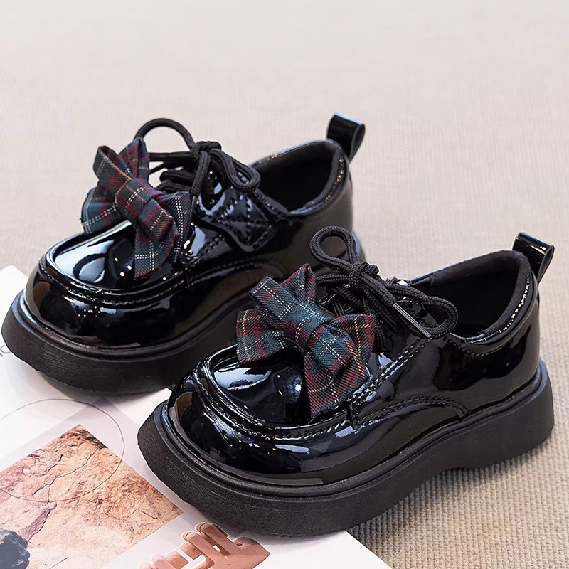 女童英伦风小皮鞋黑色蝴蝶结魔术贴百搭豆豆鞋演出鞋春秋新款童鞋