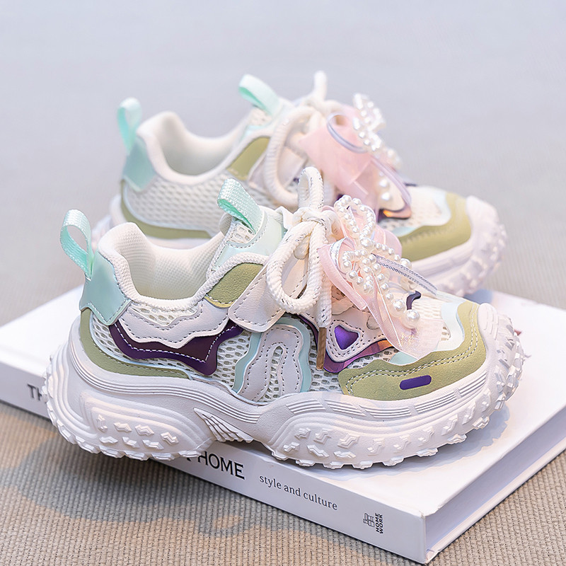 甜美风女童运动鞋春季新款单网透气魔术贴防滑老爹鞋儿童休闲童鞋