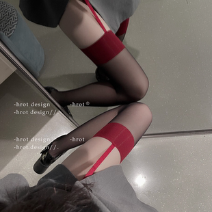 高级感穿搭吊带袜高级感过膝长高筒袜撞色黑丝美腿丝袜薄款 防勾丝