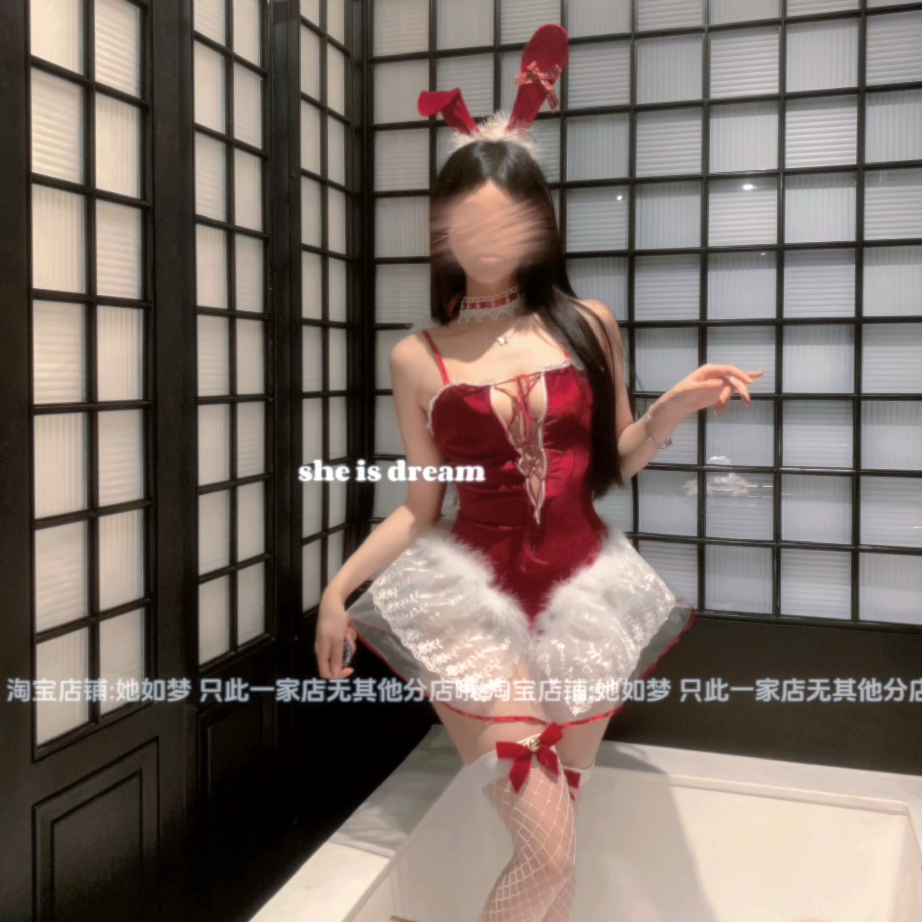 大码圣诞兔女郎睡裙蕾丝套装