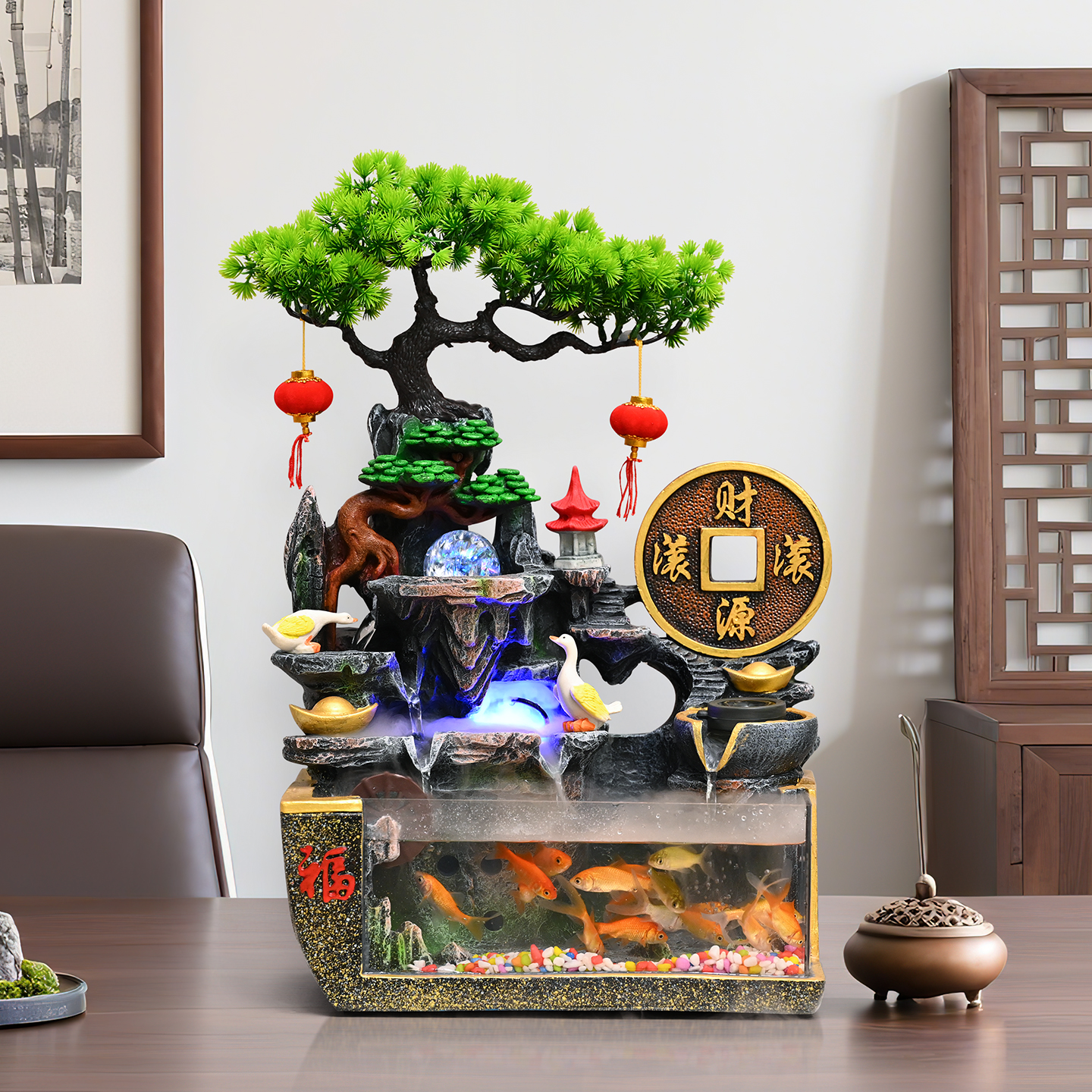 风车流水摆件循环水客厅鱼缸桌面时来运转假山水车水景造景可养鱼