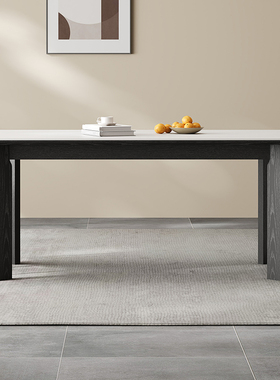 实木岩板餐桌黑色家用小户型长方形饭桌现代简约轻奢哑光岩板餐桌