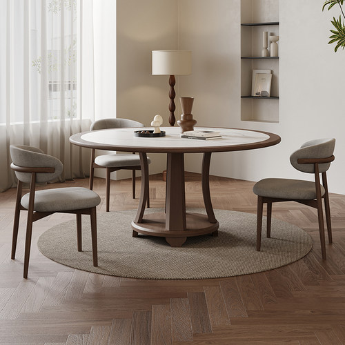 北欧实木内嵌岩板餐桌圆形带转盘