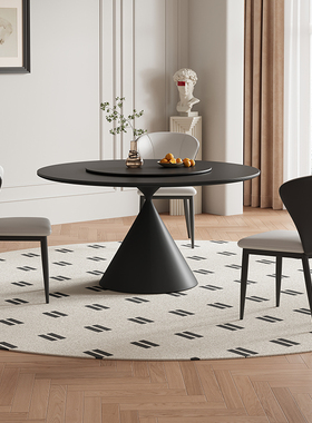 复古黑色岩板餐桌意式极简圆桌现代简约家用华尔兹带转盘圆形圆桌