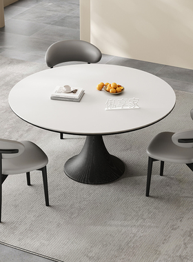 北欧复古黑色岩板圆桌现代简约家用小户型哑光岩板圆形餐桌带转盘