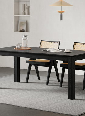 意式极简黑色白蜡木餐桌侘寂风实木大板桌长方形饭桌现代简约书桌