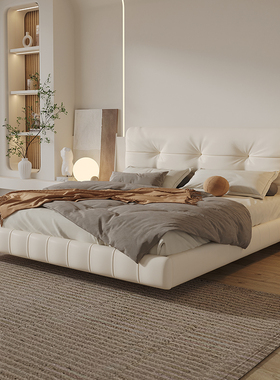 现代简约小户型实木榉木双人床轻奢奶油风白色泡芙床纳帕真皮大床