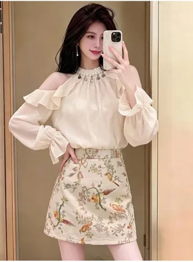 法式小香风套装女夏季显瘦减龄气质名媛露肩挂脖衬衫短裙两件套