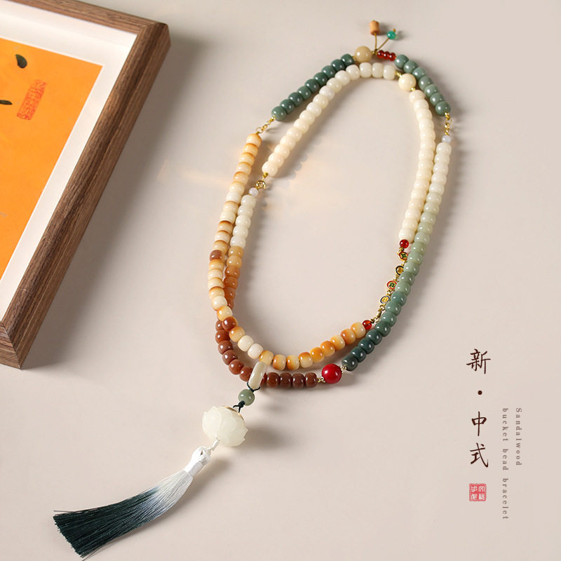 新中式菩提渐变斜跨可背莲花原生态白菩提景泰蓝五路财神手串项链