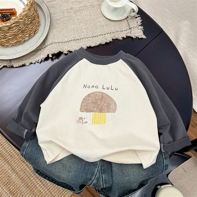 男童秋装2025新款儿童t恤长袖宝宝拼色圆领卡通打底衫休闲上衣潮