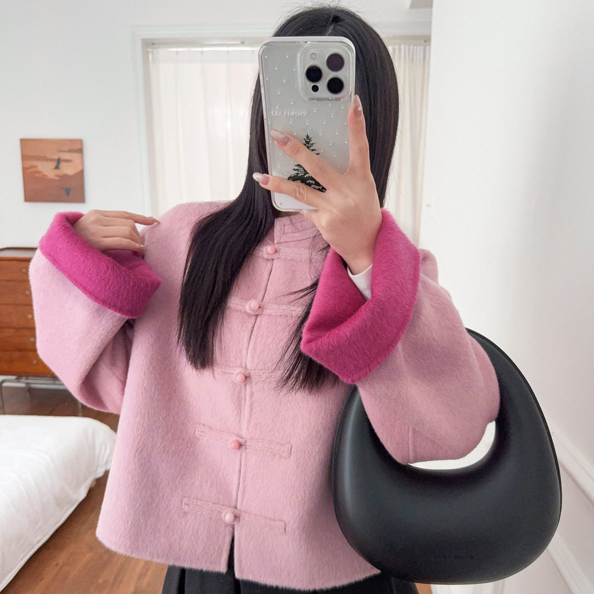 现货SW新中式双面呢外套女25春季国风盘扣粉色短呢子上衣S4WT010