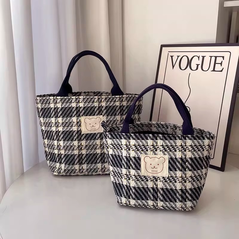 时尚格纹大容量加厚帆布包手提饭盒包简约百搭拉链学生便当包