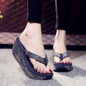 高跟凉拖鞋 女夏季 时尚 2025新款 亮片外穿坡跟人字拖厚底夹脚沙滩鞋