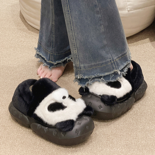 学生宿舍可爱熊猫毛绒保暖EVA厚底室内外穿包跟棉鞋 棉拖鞋 女冬季